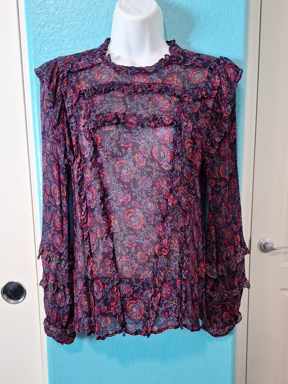 Cloebella FIORELLA BORDEAUX FLORAL SHEER BLOUSE. SZ S
